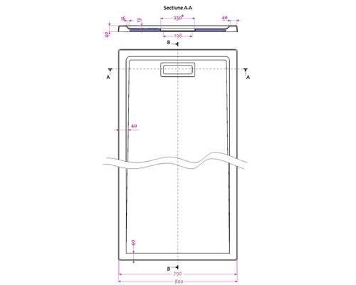 Desen tehnic al unei cădițe de duș cu dimensiuni