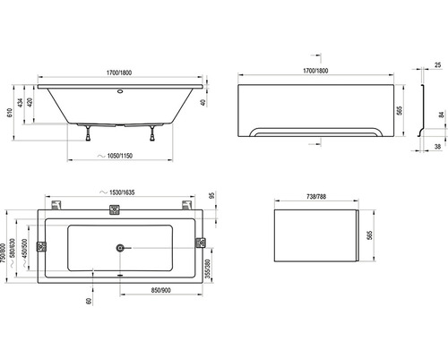 Desen tehnic al unei căzi cu dimensiuni