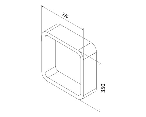 Desen tehnic cu o etajeră de perete pătrată, cu dimensiunile de 350 x 350 mm