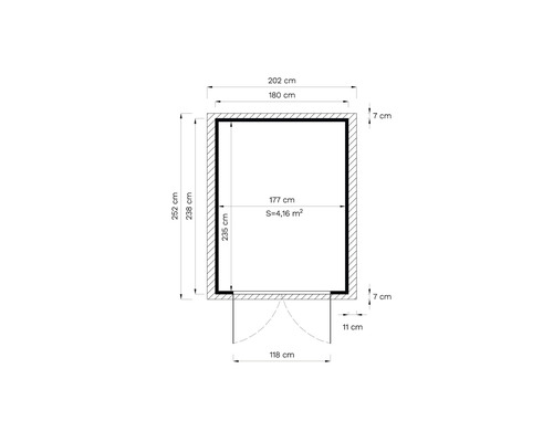 Dimensiunile unei căsuțe de grădină: 252 centimetri înălțime, 202 centimetri lățime, 4,16 metri pătrați suprafață