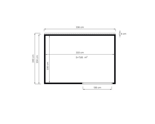 Plan cu dimensiuni: 240 cm înălțime, 336 cm lățime, suprafață de 7,65 metri pătrați