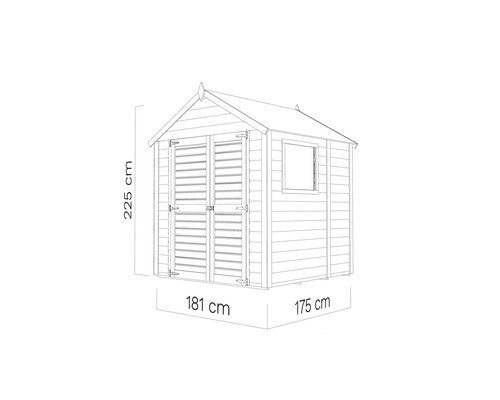 Imagine cu o căsuță de grădină cu dimensiunile: 225 cm înălțime, 181 cm lățime și 175 cm adâncime.