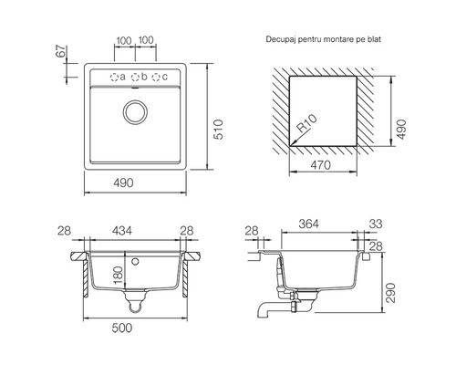 Desen tehnic cu dimensiunile unei chiuvete de bucătărie
