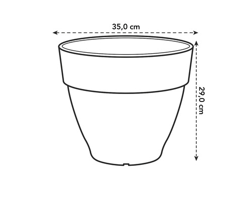 Ilustrație a unui ghiveci de flori cu dimensiunile de 35 de centimetri lățime și 29 de centimetri înălțime.