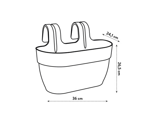 Imagine a unui ghiveci de balcon cu dimensiunile de 36 cm lățime, 24,1 cm adâncime și 26,5 cm înălțime.