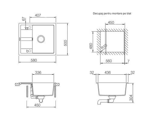 Desen tehnic cu dimensiunile chiuvetei de bucătărie