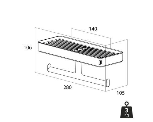 Desen tehnic al unei polițe de perete cu suport pentru prosoape și indicații de dimensiuni