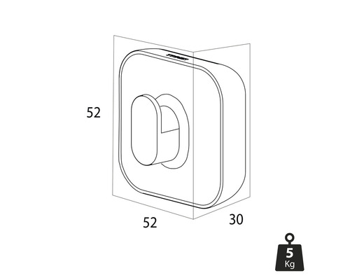Cârlig de perete individual cu dimensiunile 52 x 52 x 30 mm și o capacitate portantă de 5 kg.