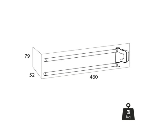 Desen tehnic al unui suport pivotant pentru prosoape cu dimensiuni și informații despre greutate