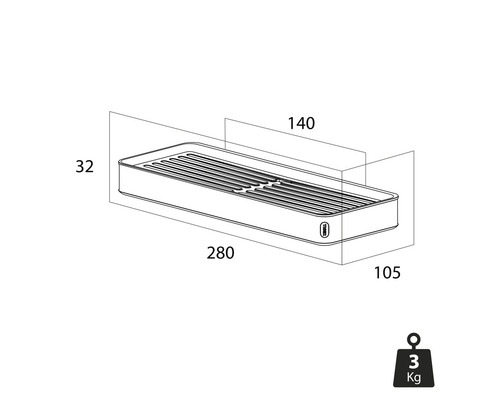 Desen tehnic al unei polițe de duș cu dimensiunile 280 x 105 x 32 mm și o adâncime de 140 mm, greutate 3 kg.