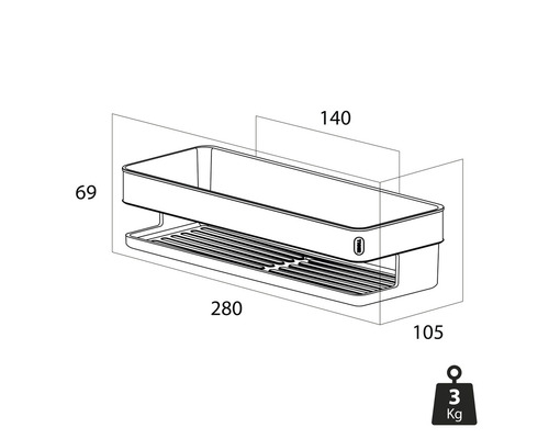 Desen tehnic al unei polițe de duș cu dimensiuni