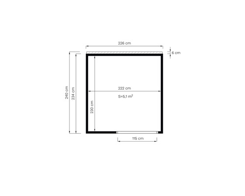 Plan cu dimensiuni: 240 cm înălțime, 226 cm lățime, suprafață de 5,1 metri pătrați