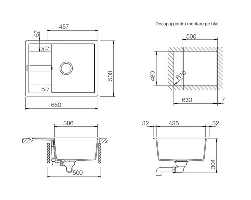 Desen tehnic al unei chiuvete de bucătărie cu dimensiuni