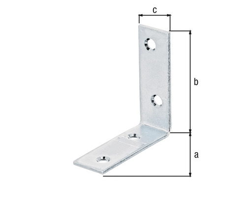 Conector unghiular din metal cu găuri și indicații de dimensiuni