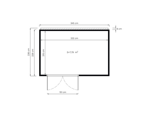 Plan cu dimensiuni: 345 cm lățime, 236 cm înălțime, suprafață 7,79 m²