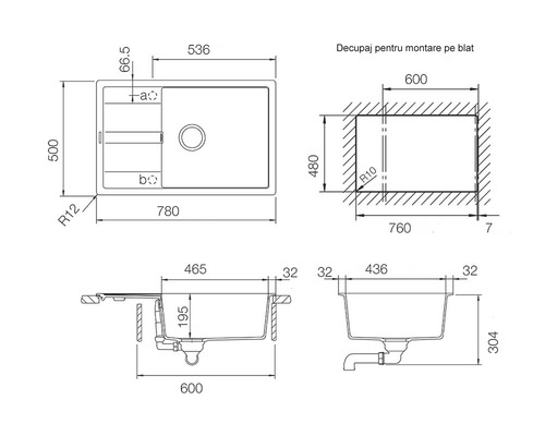 Desen tehnic al unei chiuvete cu dimensiuni
