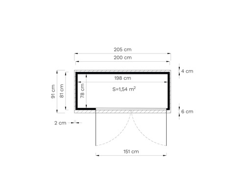 Desen tehnic al unei căsuțe de grădină cu dimensiuni în centimetri