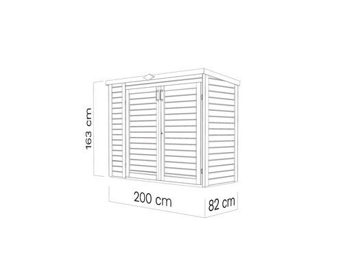 Imagine cu o magazie de grădină cu dimensiunile de 163 cm înălțime, 200 cm lățime și 82 cm adâncime.