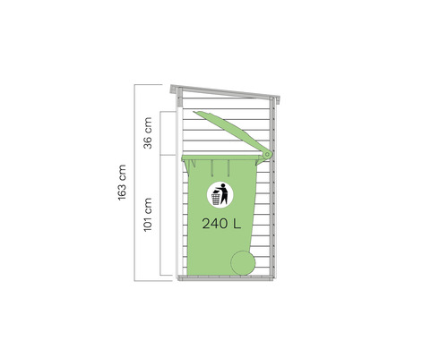 Vedere laterală a unei căsuțe pentru pubele cu dimensiunile de 163 cm înălțime, 101 cm adâncime și 36 cm înălțimea acoperișului