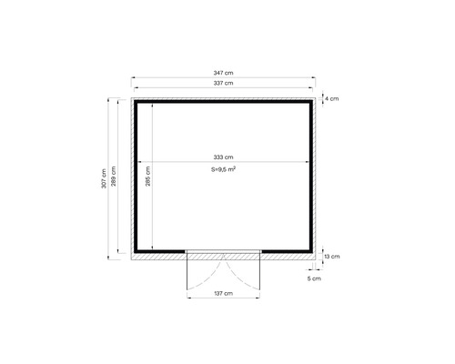 Planul unei case de grădină cu dimensiunile: 347 pe 307 centimetri dimensiuni exterioare