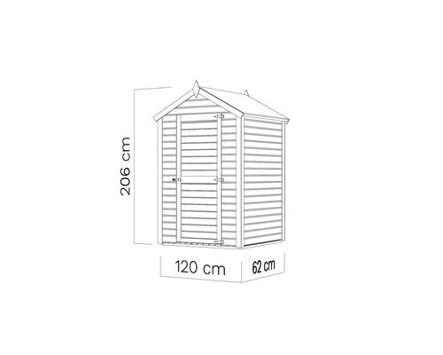Desen al unei magazii de grădină cu dimensiunile de 206 cm înălțime, 120 cm lățime și 62 cm adâncime.