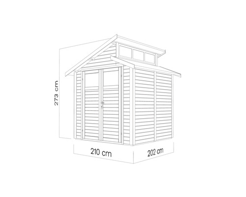 Imagine a unei căsuțe de grădină cu dimensiunile de 273 cm înălțime, 210 cm lățime și 202 cm adâncime