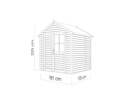Ilustrație căsuță de grădină cu dimensiunile 225 cm înălțime, 181 cm lățime și 175 cm adâncime