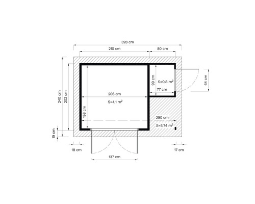 Plan cu dimensiuni în centimetri și suprafețe în metri pătrați