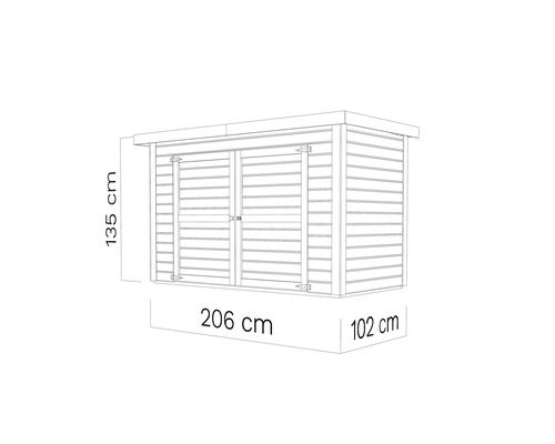 Imagine cu o magazie de grădină cu dimensiunile 206 cm lățime, 102 cm adâncime și 135 cm înălțime