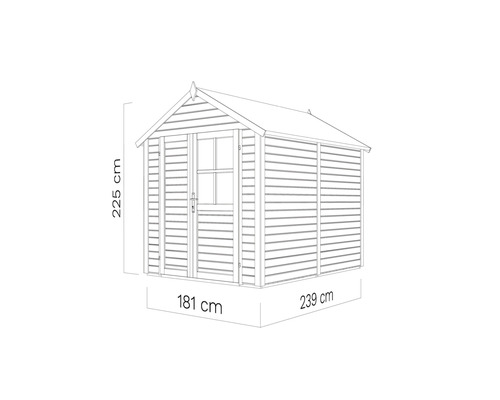 Ilustrație a unei căsuțe de grădină cu dimensiunile 181 cm x 239 cm x 225 cm.