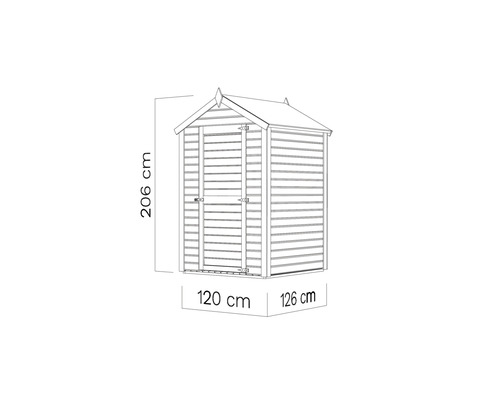 Imagine a unei magazii de grădină cu dimensiunile 206 cm înălțime, 120 cm lățime și 126 cm adâncime.
