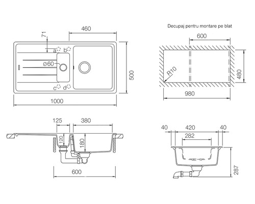 Desen tehnic al unei chiuvete cu dimensiuni