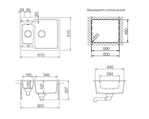 Desen tehnic chiuvetă cu dimensiuni