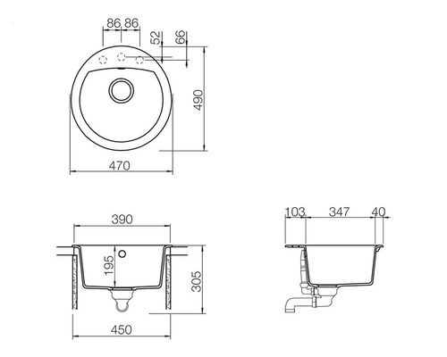 Desen tehnic al unei chiuvete rotunde cu dimensiuni