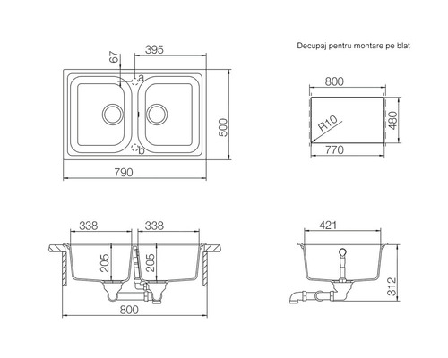 Desen tehnic al unei chiuvete duble cu dimensiuni