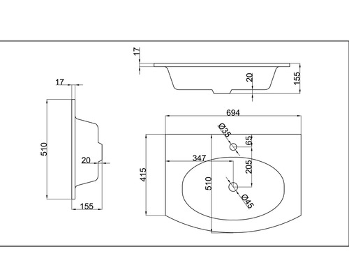 Desen tehnic al unui lavoar cu dimensiuni