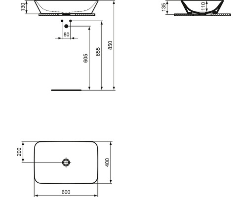 Desen tehnic al unei chiuvete de blat cu dimensiuni