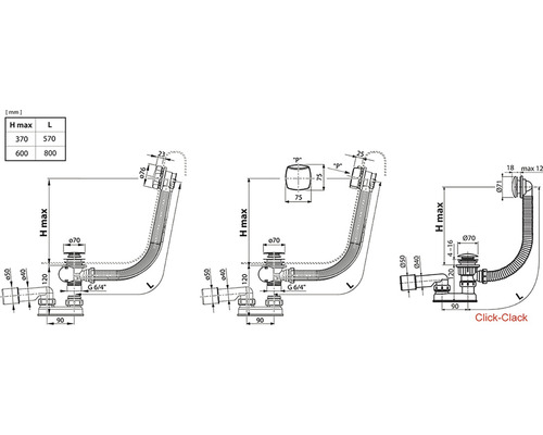 Desen tehnic al unui sistem de scurgere pentru cadă cu dimensiuni