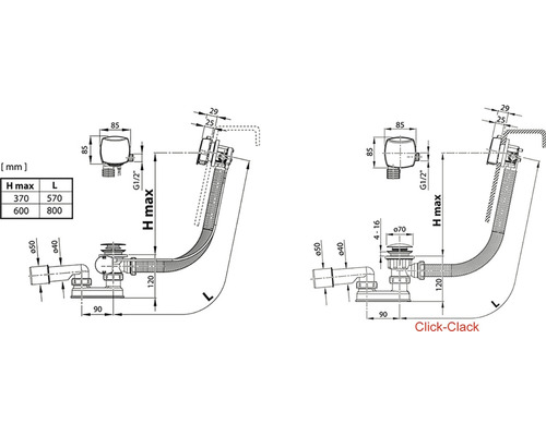 Desen tehnic al unui set de scurgere pentru căzi cu dimensiuni