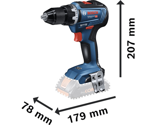Mașină de găurit și înșurubat cu acumulator, cu dimensiunile de lungime, lățime și înălțime