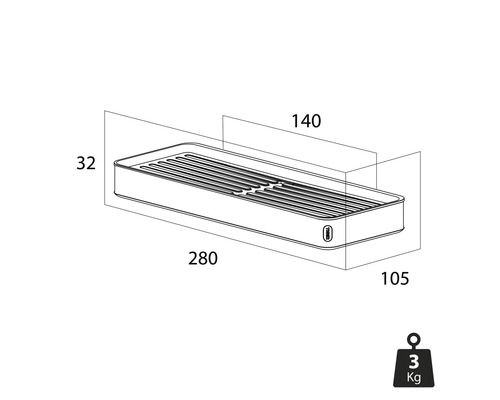 Desen tehnic al unei polițe de perete cu indicații de dimensiuni și indicație de greutate