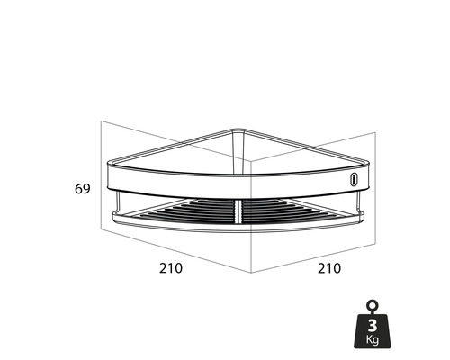 Raft de colț cu dimensiunile de 210 x 210 x 69 milimetri și o greutate de 3 kilograme.