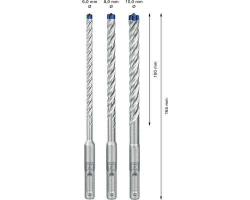 Trei burghie pentru beton de dimensiunile 6,0 mm, 8,0 mm și 10,0 mm.