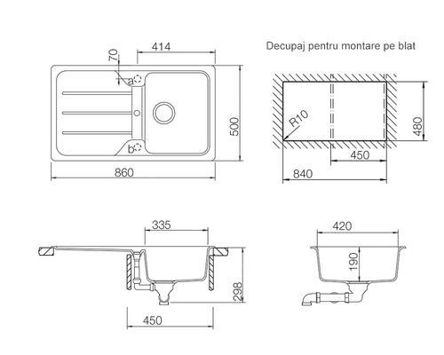 Desen tehnic cu dimensiunile unei chiuvete de bucătărie