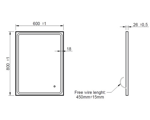 Desen tehnic al unei oglinzi dreptunghiulare cu dimensiunile de 800 pe 600 milimetri