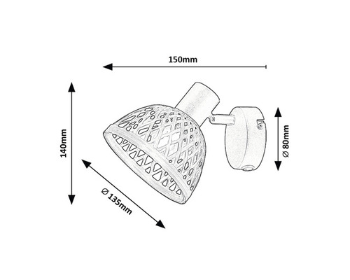 Imaginea unei lămpi de perete cu dimensiunile de 150 mm lățime, 140 mm înălțime și un diametru de 135 mm pentru abajur și un diametru de 80 mm pentru montarea pe perete.