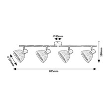 Schiță a unei lămpi de plafon cu patru reflectoare și dimensiuni