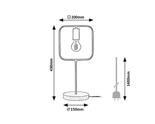 Desen tehnic al unei lămpi de masă cu dimensiunile 200 mm x 430 mm x 150 mm și o lungime a cablului de 1400 mm