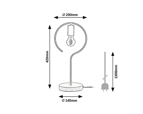 Desen tehnic al unei lămpi de masă cu dimensiunile de înălțime, abajur și picior