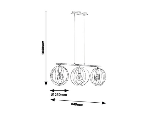 Desen tehnic al unei lămpi suspendate cu trei becuri, înălțime 1040 mm, diametru 250 mm, lățime 840 mm